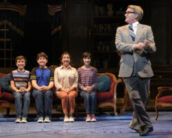 The Bechdel family (l to r: Billy Hutton, Jack Barrett, Crissy Guerrero, and Lila Gold) prepares to be perfect for father Bruce (James Lloyd Reynolds) as they welcome an important guest to their home in “Fun Home,” presented by TheatreWorks Silicon Valley October 1-28 at the Mountain View Center for the Performing Arts.
NOTE: These children appear in performances on October 3, 5, 6, 7 (7pm), 9, 11, 12, 13 (8pm), 14 (2pm), 17, 19, 20 (8pm), 21 (2pm), 24 (7:30pm), 25 (2pm), 26, 27.