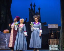 (l to r): Madame (Jasmine Johnson) and her daughters Gabrielle (Melissa Gialdini) and Charlotte (Gwyneth Forrester) return home after a day of shopping in “Rodgers + Hammerstein’s Cinderella,” presented by Foothill Music Theatre July 18 – August 4, 2019.