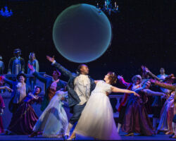 (center): Ella (Christina Lea) and Prince Topher (Edward Clark) waltz at the ball in “Rodgers + Hammerstein’s Cinderella,” presented by Foothill Music Theatre July 18 – August 4, 2019.