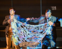 Pictured (L-R): Fabian (Michael Day) transfers his soul into the body of his unpleasant boss Putnam (Rafael Porto) in the world premiere of "If I Were You" by Jake Heggie and Gene Scheer, presented by the Merola Opera Program, August 1-6 at the Herbst Theatre in San Francisco.
