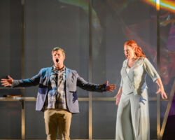 Pictured: Fabian (Michael Day) is an aspiring writer who becomes ensnared by Brittomara (Cara Collins), a shape-shifting devil in the world premiere of "If I Were You" by Jake Heggie and Gene Scheer, presented by the Merola Opera Program, August 1-6 at the Herbst Theatre in San Francisco.