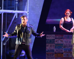 Pictured: Timothy Murray as Paul, an unsavory character, and Cara Collins as Brittomara, a shape-shifting devil appearing here as a bartender in the world premiere of "If I Were You" by Jake Heggie and Gene Scheer, presented by Merola Opera Program, August 1-6 at the Herbst Theatre in San Francisco