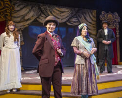 (l to r): Rosa (Brenna Sammon), Drood (Chloë Angst), Helena (Rachelle Abbey), and Reverend Crisparkle (Aaron Hurley) debate the difference between being English and British in "The Mystery of Edwin Drood," presented by Foothill Music Theatre February 27 - March 8 at the Lohman Theatre in Los Altos Hills.