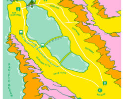 <strong>Pictured: The map for "lone some" </strong><br>
Montalvo Arts Center will present original artworks around the Bay Area with its public exhibition, "lone some," now through July 31. Available for viewing on billboards and bus shelters while driving or walking, "lone some" invites members of the community to examine being alone together.
