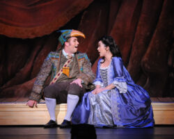 Symphony Silicon Valley and Opera San José present "Strike Up the Band!," a free outdoor musical extravaganza from September 4-5 on the iconic Tower Lawn at San Jose State University. Programs will feature selections from Bizet's "Carmen," Mozart's "The Magic Flute," Puccini's "La bohème," and much more.
<br><strong>Seen here (L-R): OSJ Resident Artist Matthew Hanscom as Papageno and
OSJ guest artist Hae Ji Chang as Pamina in the company's 2015 production of "The Magic Flute."