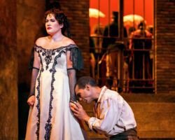 Carmen (Nikola Printz) is unmoved by a repentant Don José (Noah Stewart) in Opera San José’s production of Bizet’s "Carmen,” at the California Theatre in San Jose, Feb. 12-27, 2022.