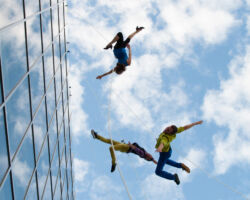 Vertical dance innovators BANDALOOP will open its newly expanded headquarters, BANDALOOP Studios, in West Oakland with a free community event, November 12. Seen here: BANDALOOP performing in Miami, Florida.