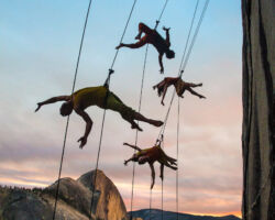 Vertical dance innovators BANDALOOP will open its newly expanded headquarters, BANDALOOP Studios, in West Oakland with a free community event, November 12. Seen here: BANDALOOP performing in Yosemite, California.