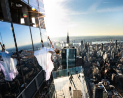 Vertical dance innovators BANDALOOP will open its newly expanded headquarters, BANDALOOP Studios, in West Oakland with a free community event, November 12. Seen here: BANDALOOP performing in New York City.