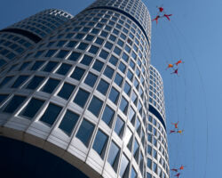 Vertical dance innovators BANDALOOP will open its newly expanded headquarters, BANDALOOP Studios, in West Oakland with a free community event, November 12. Seen here: BANDALOOP performing in Munich, Germany.