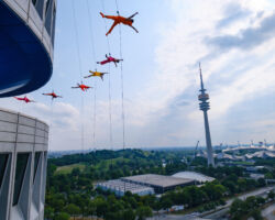 Vertical dance innovators BANDALOOP will open its newly expanded headquarters, BANDALOOP Studios, in West Oakland with a free community event, November 12. Seen here: BANDALOOP performing in Munich, Germany.