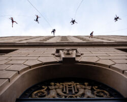 Vertical dance innovators BANDALOOP will open its newly expanded headquarters, BANDALOOP Studios, in West Oakland with a free community event, November 12. Seen here: BANDALOOP performing in Santiago, Chile.