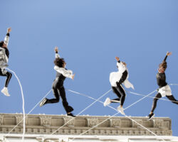 Vertical dance innovators BANDALOOP will open its newly expanded headquarters, BANDALOOP Studios, in West Oakland with a free community event, November 12. Seen here: BANDALOOP performing in Oakland, California.