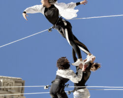 Vertical dance innovators BANDALOOP will open its newly expanded headquarters, BANDALOOP Studios, in West Oakland with a free community event, November 12. Seen here: BANDALOOP performing in Oakland, California.