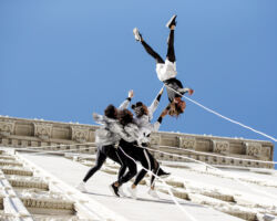 Vertical dance innovators BANDALOOP will open its newly expanded headquarters, BANDALOOP Studios, in West Oakland with a free community event, November 12. Seen here: BANDALOOP performing in Oakland, California.
