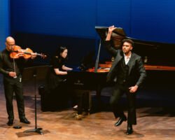 David Samuel, viola, and Ji Youn Lee, piano, perform with baritone Olivier Zerouali, in "Everlastingness" by Mary N. Kouyoumdjian in Merola Opera Program's "The Song as Drama."