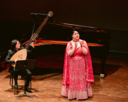 Mario To, plays the theorbo, with soprano Alexa Frankian, performing "L'Eraclito amoroso" by Barbara Strozzi in Merola Opera Program's "The Song as Drama."