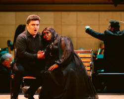 Tenor Giorgi Guliashvili as Faust and soprano Elizabeth "Hanje" Hanje as Marguerite in Gounod's "Faust" in Merola Opera Program's Schwabacher Summer Concert July 11 and July 13, 2024 at the San Francisco Conservatory of Music Caroline H. Hume Concert Hall.