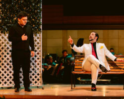 Tenor Giorgi Guliashvili as Faust and bass-baritone Benjamin Sokol as Méphistophélès in Gounod's "Faust" in Merola Opera Program's Schwabacher Summer Concert July 11 and July 13, 2024 at the San Francisco Conservatory of Music Caroline H. Hume Concert Hall.