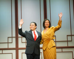 <strong>Tony Award-winning playwright David Henry Hwang's opus "M. Butterfly" will be presented by San Francisco Playhouse February 5 – March 14, 2026. </strong> Pictured is San Francisco Playhouse's 2023 production of David Henry Hwang's "Chinglish," featuring Phil Wong and Nicole Tung.