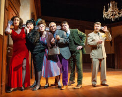 San Francisco Playhouse will stage "Noises Off" September 25 – November 8, 2025. Seen here is another comedy presented by San Francisco Playhouse, "Clue" featuring (l to r) Courtney Walsh, Renee Rogoff, Stacy Ross, Michael Gene Sullivan, Greg Ayers, and Michael Ray Wisely.