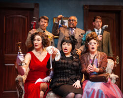 San Francisco Playhouse will stage "Noises Off" September 25 – November 8, 2025. Seen here is another comedy presented by San Francisco Playhouse, "Clue" featuring (Clockwise from upper left) Michael Ray Wisely, Michael Gene Sullivan, Greg Ayers, Stacy Ross, Renee Rogoff, and Courtney Walsh.
