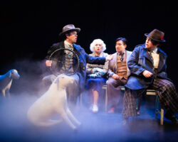 San Francisco Playhouse will stage "Noises Off" September 25 – November 8, 2025. Seen here is another comedy presented by San Francisco Playhouse, "The 39 Steps" featuring Greg Ayers, Maggie Mason, Phil Wong, and Renee Rogoff.