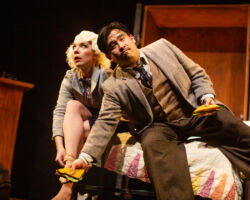 San Francisco Playhouse will stage "Noises Off" September 25 – November 8, 2025. Seen here is another comedy presented by San Francisco Playhouse, "The 39 Steps" featuring Maggie Mason and Phil Wong.