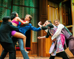 San Francisco Playhouse will stage "Noises Off" September 25 – November 8, 2025. Seen here is another comedy presented by San Francisco Playhouse, "The Play That Goes Wrong" featuring Phil Wong, Erin Rose Solorio, Adam Griffith, Renee Rogoff, and Patrick Russell.