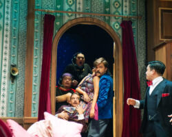 San Francisco Playhouse will stage "Noises Off" September 25 – November 8, 2025. Seen here is another comedy presented by San Francisco Playhouse, "The Play That Goes Wrong" featuring (clockwise from bottom) Patrick Russell, Tasi Alabastro, Renee Rogoff, Adam Griffith, Erin Rose Solorio, right: Phil Wong.