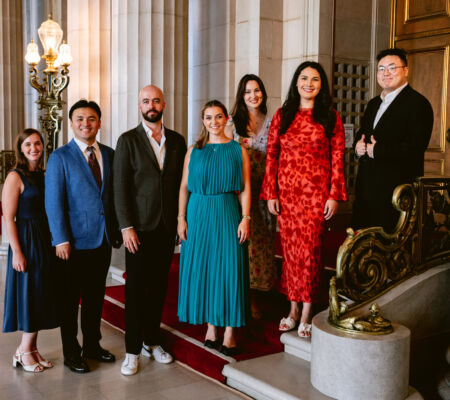 <strong>These Merola Opera Program artists will be featured in a fully staged production of "Le Comte Ory," taking place July 31 and August 2, 2025, at the San Francisco Conservatory of Music’s Caroline H. Hume Concert Hall.</strong> (Shown L–R: Sofia Gotch, Minghao Liu, Benjamin Dickerson, Meg Brilleslyper, Eva Rae Martinez, Ariana Maubach, Wanchun Liang.)