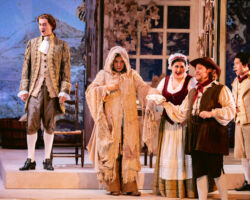 (L to R) Raimbaud (Benjamin Dickerson) and Le Comte Ory (Minghao Liu), impress members of a noble household (Alexa Frankian, Christopher Oglesby, and Jin Yu) in Merola Opera Program’s "Le Comte Ory," Jul. 31 and Aug. 2, 2025, at the San Francisco Conservatory of Music’s Caroline H. Hume Concert Hall.