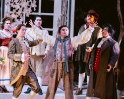 Le Comte Ory (Minghao Liu, center) vows to try his luck once more with Comtesse Adèle in Merola Opera Program’s "Le Comte Ory," Jul. 31 & Aug. 2, 2025, at the San Francisco Conservatory of Music’s Caroline H. Hume Concert Hall.