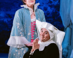 Comtesse Adèle (Eva Rae Martinez) doesn't realize Le Comte Ory (Minghao Liu), is disguised as a nun in Merola Opera Program’s "Le Comte Ory," Jul. 31 & Aug. 2, 2025, at the San Francisco Conservatory of Music’s Caroline H. Hume Concert Hall.