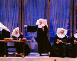 Le Comte Ory (Minghao Liu, center) and his men (L to R: Wanchun Liang, Jin Yu, Joeavian Rivera, and John Mburu) disguised as nuns, raid the wine cellar in Merola Opera Program’s "Le Comte Ory," Jul. 31 & Aug. 2, 2025, at the San Francisco Conservatory of Music’s Caroline H. Hume Concert Hall.