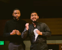 Baritone Gabriel Natal Báez (right) as Enrico attempts to disrupt the wedding night of bass-baritone Justice Yates (left) as Don Annibale in Donizetti’s "Il campanello," featured in Merola Opera Program’s Schwabacher Summer Concert: "It’s Complicated – Love & Opera," July 10 and 12, 2025, at the San Francisco Conservatory of Music’s Caroline H. Hume Concert Hall.