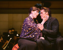 Mezzo-soprano Ruby Dibble (left) as Sara and tenor Tristan Tournaud (right) as Roberto declare their love in Donizetti’s "Roberto Devereux," featured in Merola Opera Program’s Schwabacher Summer Concert: "It’s Complicated – Love & Opera," July 10 and 12, 2025, at the San Francisco Conservatory of Music’s Caroline H. Hume Concert Hall.