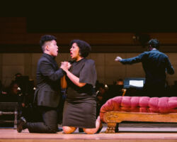 Mezzo-soprano Charlotte Siegel (right), as Anna Bolena, pleads with tenor Jin Yu (left), portraying her former lover Percy, to leave England and avoid provoking Enrico’s jealousy in Donizetti’s "Anna Bolena," featured in Merola Opera Program’s Schwabacher Summer Concert: "It’s Complicated – Love & Opera," July 10 and 12, 2025, at the San Francisco Conservatory of Music’s Caroline H. Hume Concert Hall.