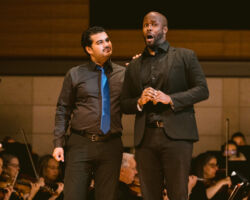 Bass John Mburu (right) stars as Don Pasquale, who turns to his friend, baritone Joeavian Rivera (left) as Dr. Malatesta, in search of a bride in Donizetti’s "Don Pasquale," featured in the Merola Opera Program’s Schwabacher Summer Concert: "It’s Complicated – Love & Opera," July 10 and 12, 2025, at the San Francisco Conservatory of Music’s Caroline H. Hume Concert Hall.