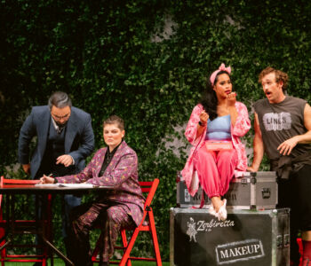 Baritone Enes Pektaş as The Music Maker, mezzo-soprano Theo Claveles as The Composer, soprano Emilie Kealani as Zerbinetta, and tenor Ryan Bryce Johnson as The Choreographer in Merola Opera Program's "Ariadne auf Naxos," performing Thursday, July 30 and Saturday, August 1 at the San Francisco Conservatory of Music’s Caroline H. Hume Concert Hall.