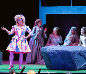 Soprano Emilie Kealani as Zerbinetta, soprano Abigail Raiford as Echo, mezzo-soprano Katherine Dobbs as Dryade, soprano Adia Evans as Prima Donna/Ariadne, and soprano Jennifer Robinson as Nyade in Merola Opera Program's "Ariadne auf Naxos," performing Thursday, July 30 and Saturday, August 1 at the San Francisco Conservatory of Music’s Caroline H. Hume Concert Hall.