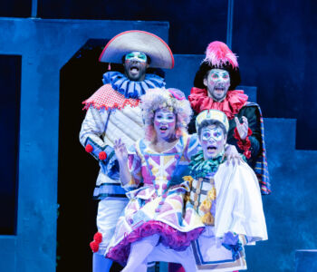 (clockwise from upper left) Bass John Mburu as Truffaldino, tenor Logan Wagner as Scaramuccio, tenor Cole McIlquham as Brighella, and soprano Emilie Kealani as Zerbinetta in Merola Opera Program's "Ariadne auf Naxos," performing Thursday, July 30 and Saturday, August 1 at the San Francisco Conservatory of Music’s Caroline H. Hume Concert Hall.
