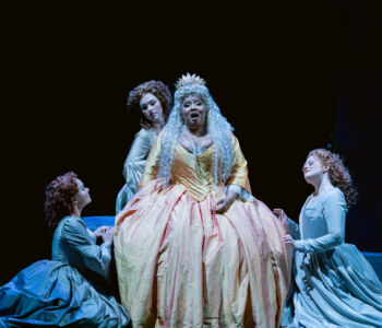 (l to r): Soprano Abigail Raiford as Echo, soprano Jennifer Robinson as Nyade, soprano Adia Evans as Prima Donna/Ariadne, and mezzo-soprano Katherine Dobbs as Dryade in Merola Opera Program's "Ariadne auf Naxos," performing Thursday, July 30 and Saturday, August 1 at the San Francisco Conservatory of Music’s Caroline H. Hume Concert Hall.